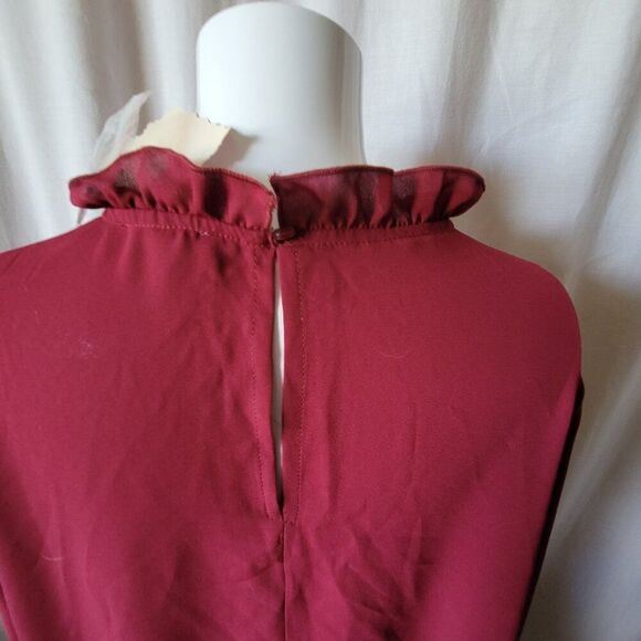 NEW Main Strip Boutique Blouse burgundy ruffle collar semi sheer Small & Large - Picture 12 of 13